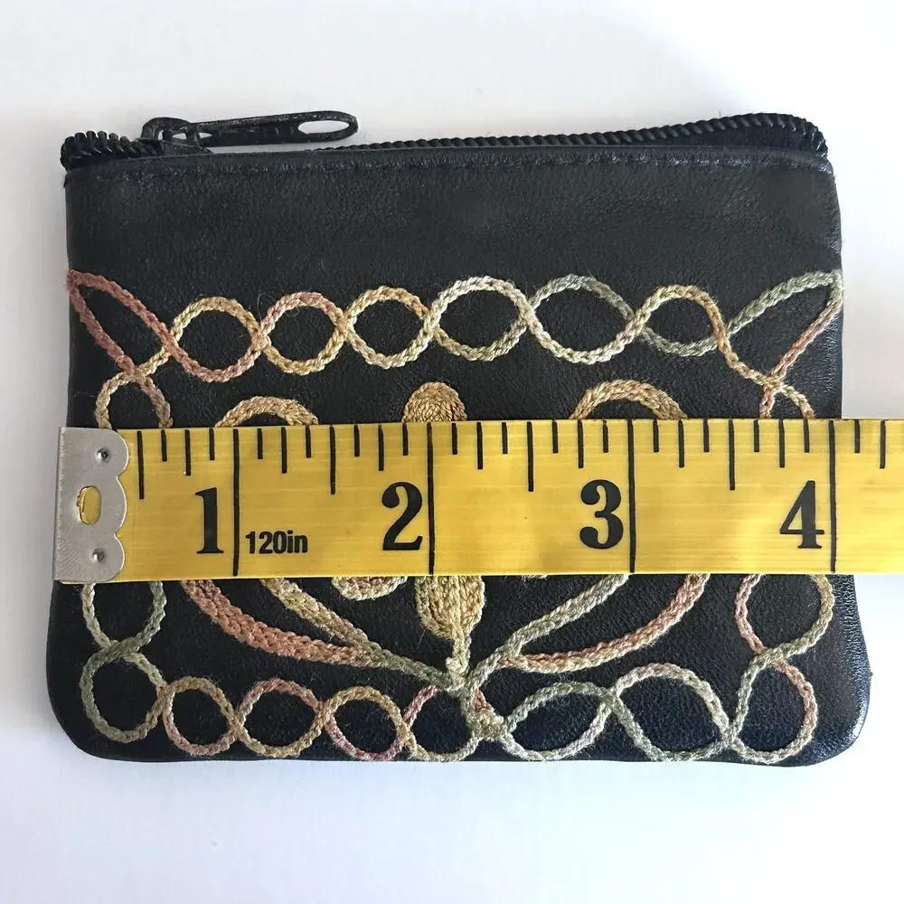 Embroidered Coin Purse Black Faux Leather Soutache Kashmiri Aari Work